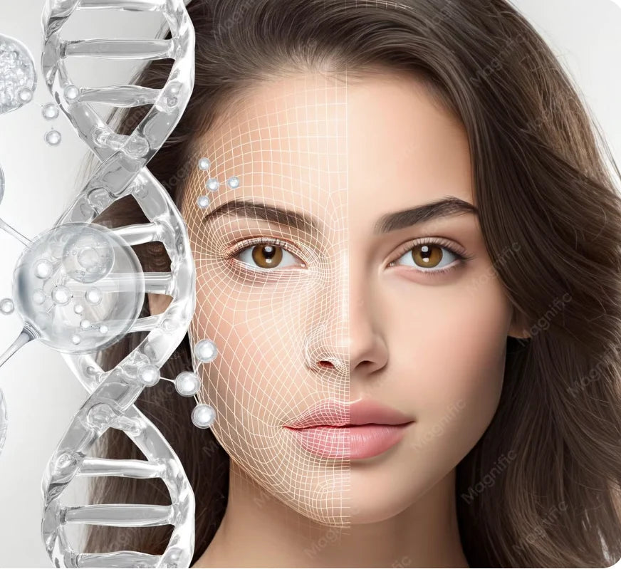 Vitamin molecules and womans face