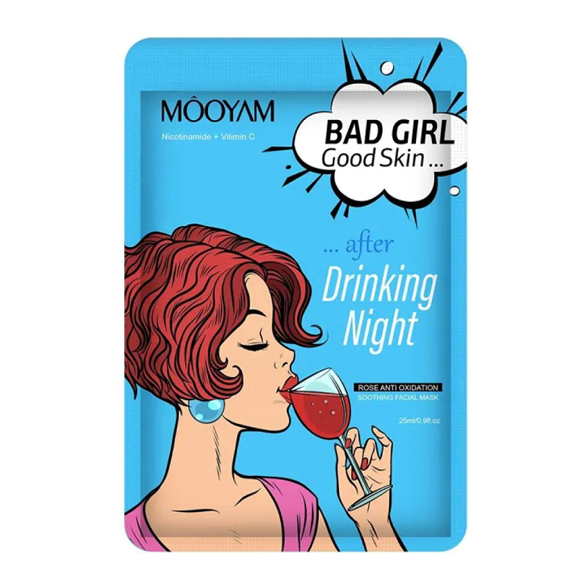Mooyam 'Bad Girl Good Skin' facial mask packaging with a cartoon woman drinking wine. Nicotinamide + Vitamin C Face Mask