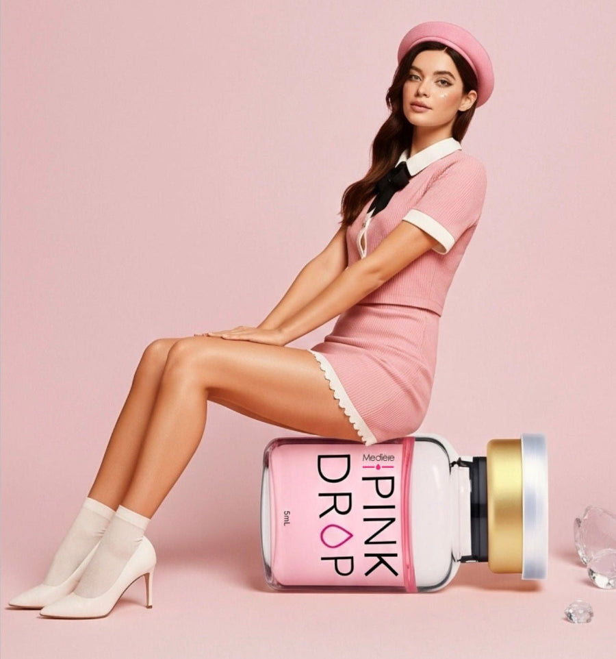 Woman in a pink outfit sitting on a 'Pink Drop' product against a pink background