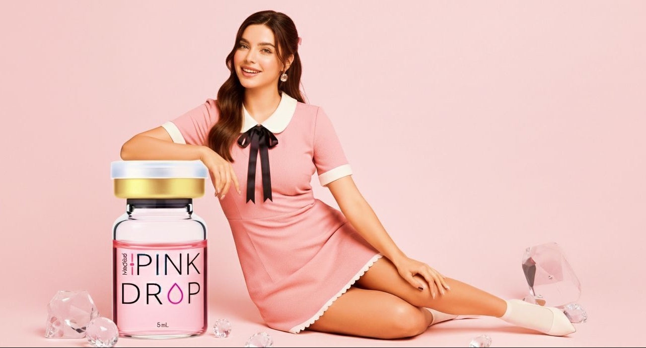 Woman in a pink dress sitting next to a 'Pink Drop' product on a pink background