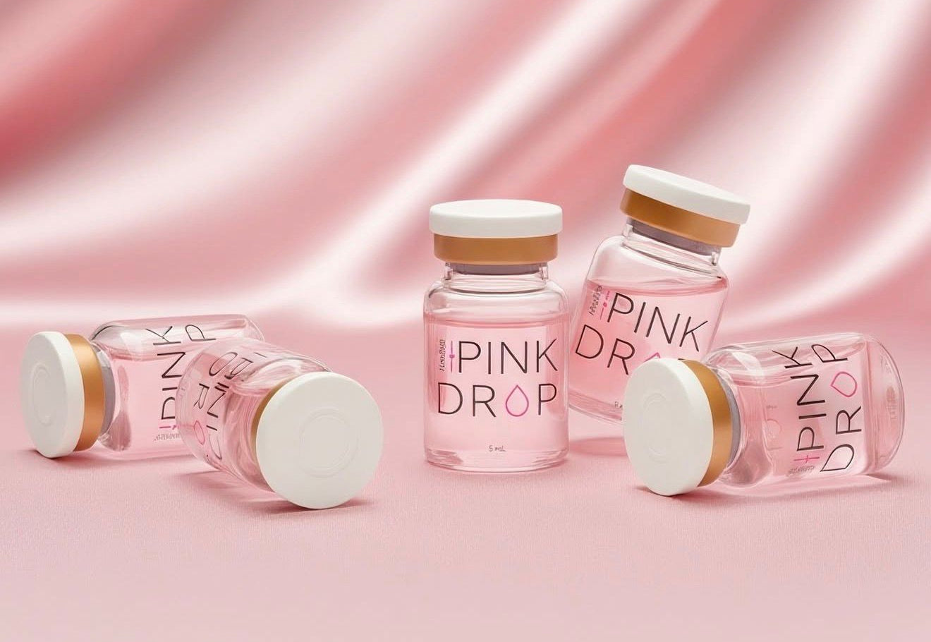 Four 'Pink Drop' bottles on a pink fabric background