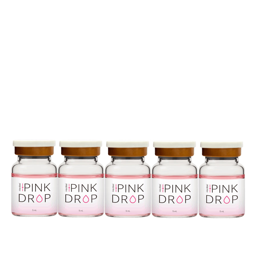 Five 'Pink Drop' bottle vials with white labels on a white background
