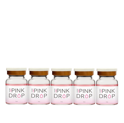 Five 'Pink Drop' bottle vials with white labels on a white background