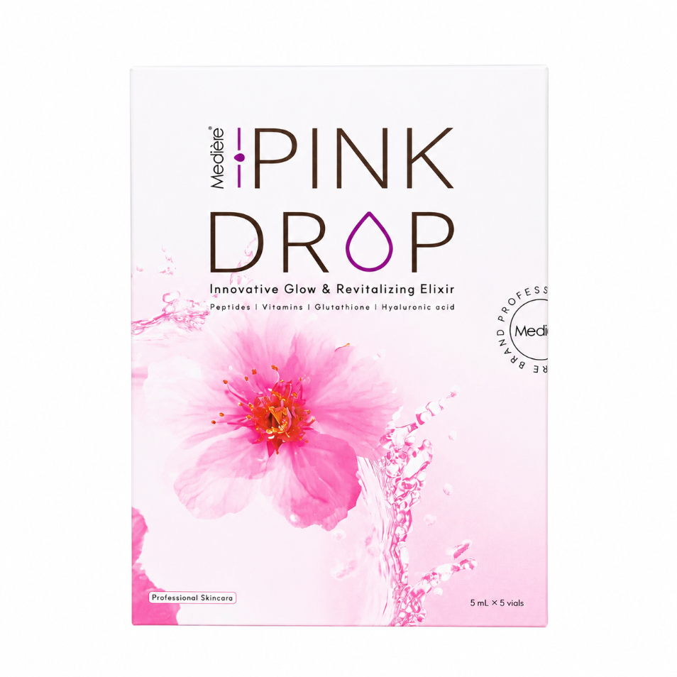 Product packaging 'Pink Drop' skin booster with a pink flower design on a white background