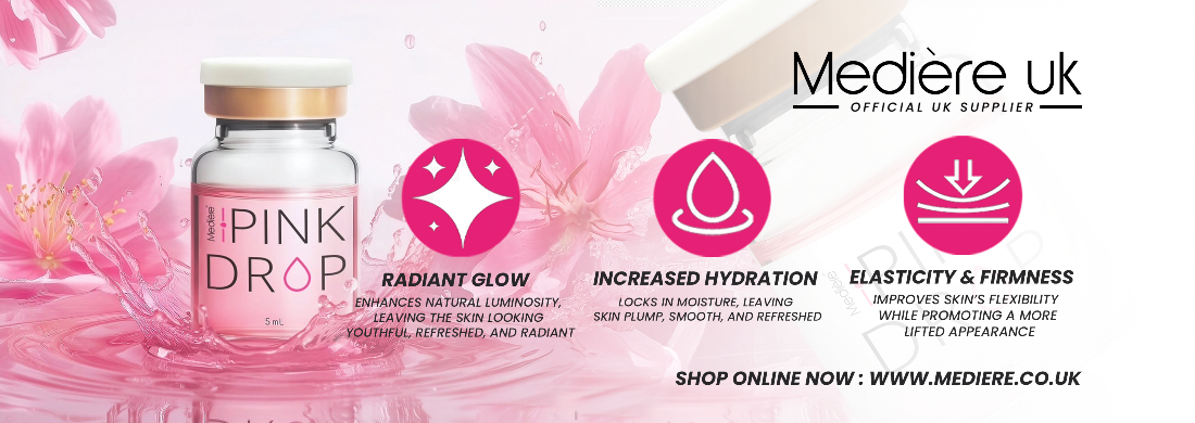Advertisement for 'The Pink Drop' skin booster product with pink flowers and text about product benefits.
