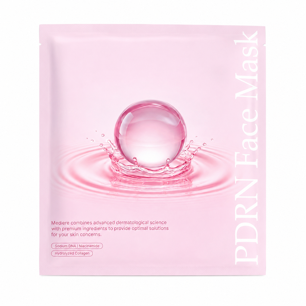 PDRN Face Mask featuring a graphic of a clear pink sphere with a water splash on a white background.