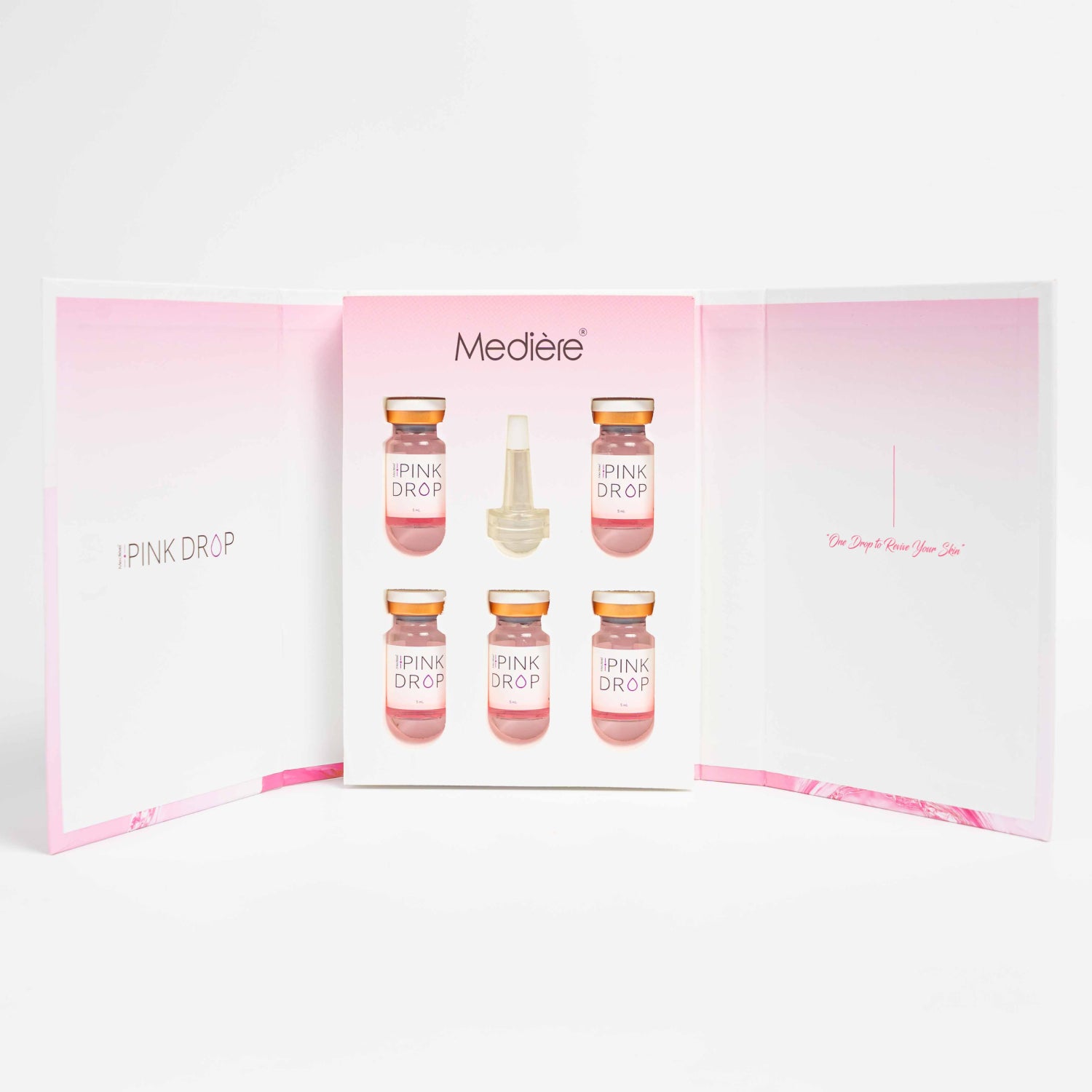 Mediere Pink Drop skin booster product set in a pink packaging box on a white background