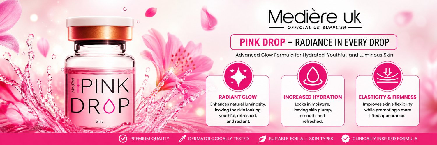 Pink Drop Skin Booster banner, with information text and pink vial and pink background
