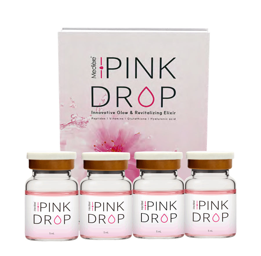 Pink Drop skin booster product packaging with vials on a white background