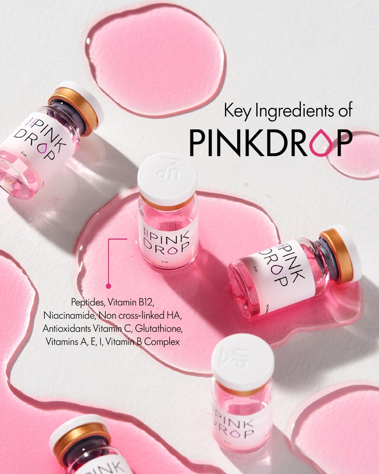 Pink Drop skincare product bottles with key ingredients listed on a light pink background
